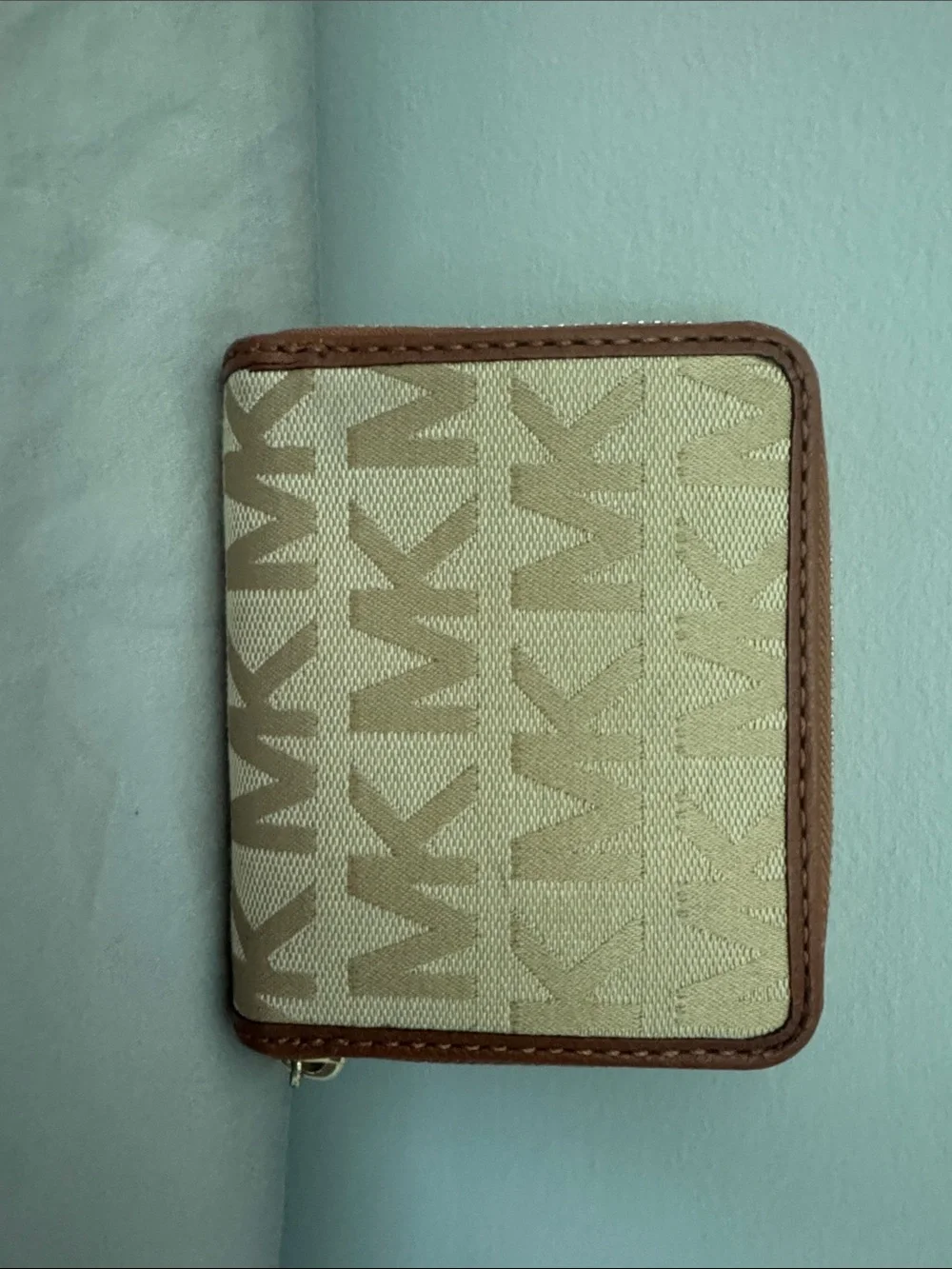 Michael Kors Beige and Brown Signature MK Zip Card Wallet